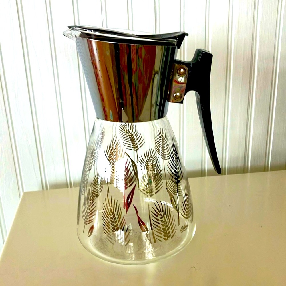 Vintage/Retro Colony Glass Coffee Carafe with Black Handle and Gold Leaf Design
